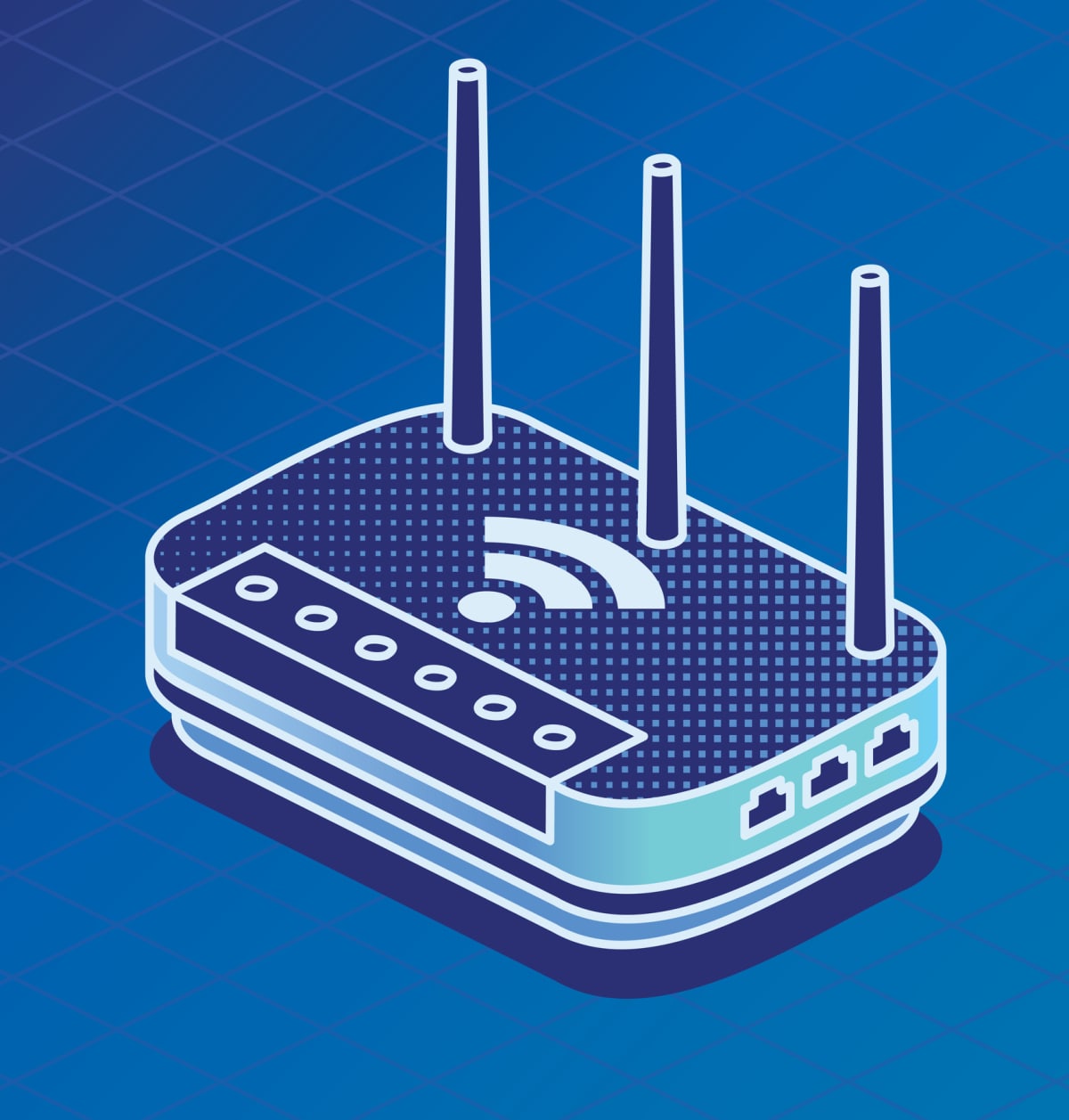 Isometric Network Router. Vector Illustration. Outline Wifi Wireless Router with Antennas on Blue Background.