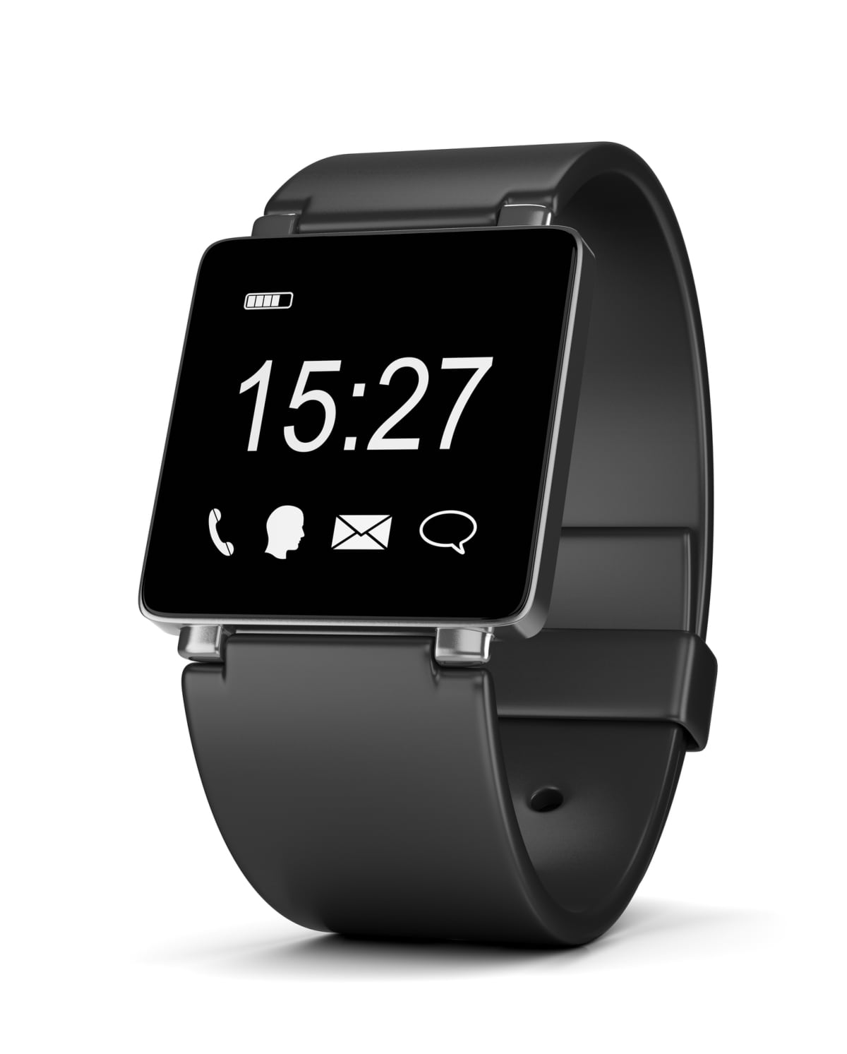 Black Smartwatch with App Icons, Digital Clock and Battery Level on Display on White Background 3D Illustration