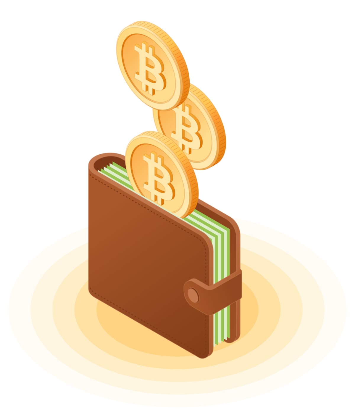 Flat isometric illustration of bitcoins droping into wallet with banknotes. The business growth, money, earnings, profit, success, blockchain, cryptocurrency, vector concept isolated on white.