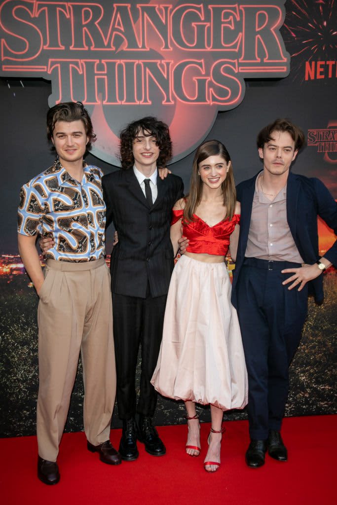 PARIS, FRANCE - JULY 04: (L-R) Actors Joe Keery, Finn Wolfhard, Natalia Dyer and Charlie Heaton attend the Premiere Of Netflix's "Stranger Things" At Le Grand Rex on July 04, 2019 in Paris, France. (Photo by Marc Piasecki/Getty Images)