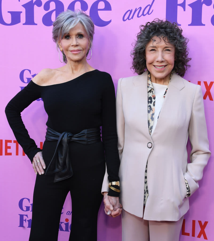 HOLLYWOOD, CALIFORNIA - APRIL 23: Jane Fonda and Lily Tomlin attend the Los Angeles Special FYC Event For Netflix's "Grace And Frankie" at NeueHouse Los Angeles on April 23, 2022 in Hollywood, California. (Photo by Jon Kopaloff/Getty Images,)