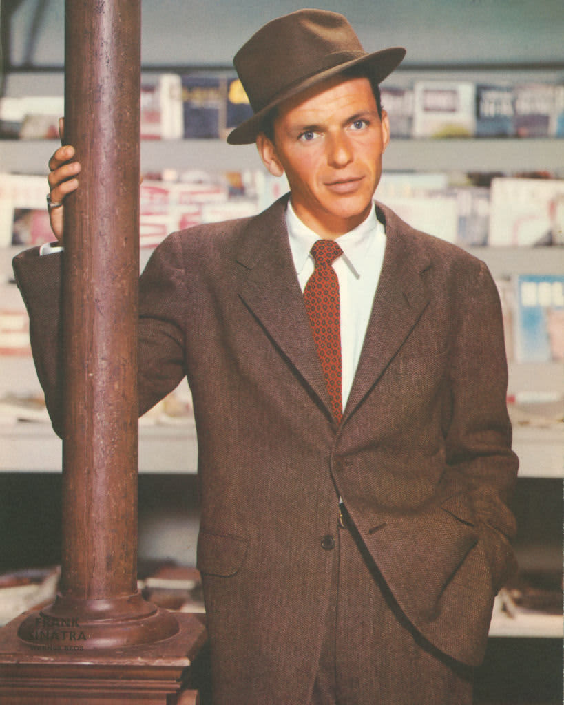 UNITED STATES - OCTOBER 01:  Photo of Frank SINATRA; posed, next to microphone, recording at Columbia Recording studios, Liederkrantz Hall  (Photo by William Gottlieb/Redferns)