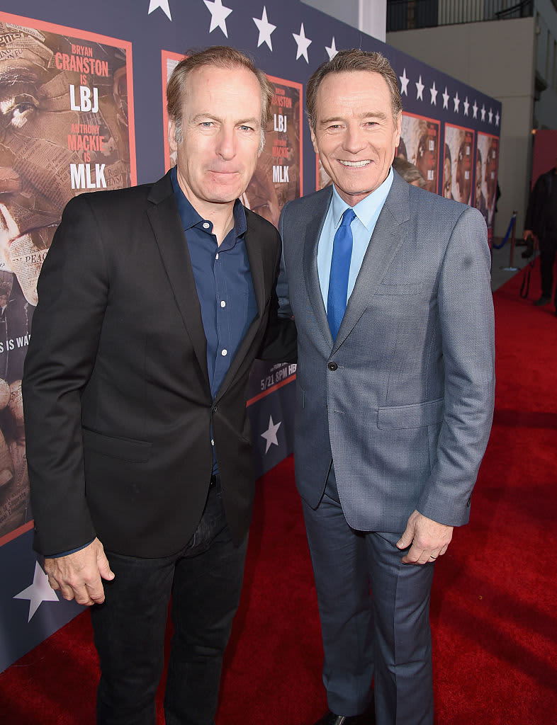 HOLLYWOOD, CA - MAY 10:  Actors Bob Odenkirk, left, and Bryan Cranston attend the "All The Way" Los Angeles Premiere at Paramount Studios on May 10, 2016 in Hollywood City.  (Photo by Kevin Winter/Getty Images)