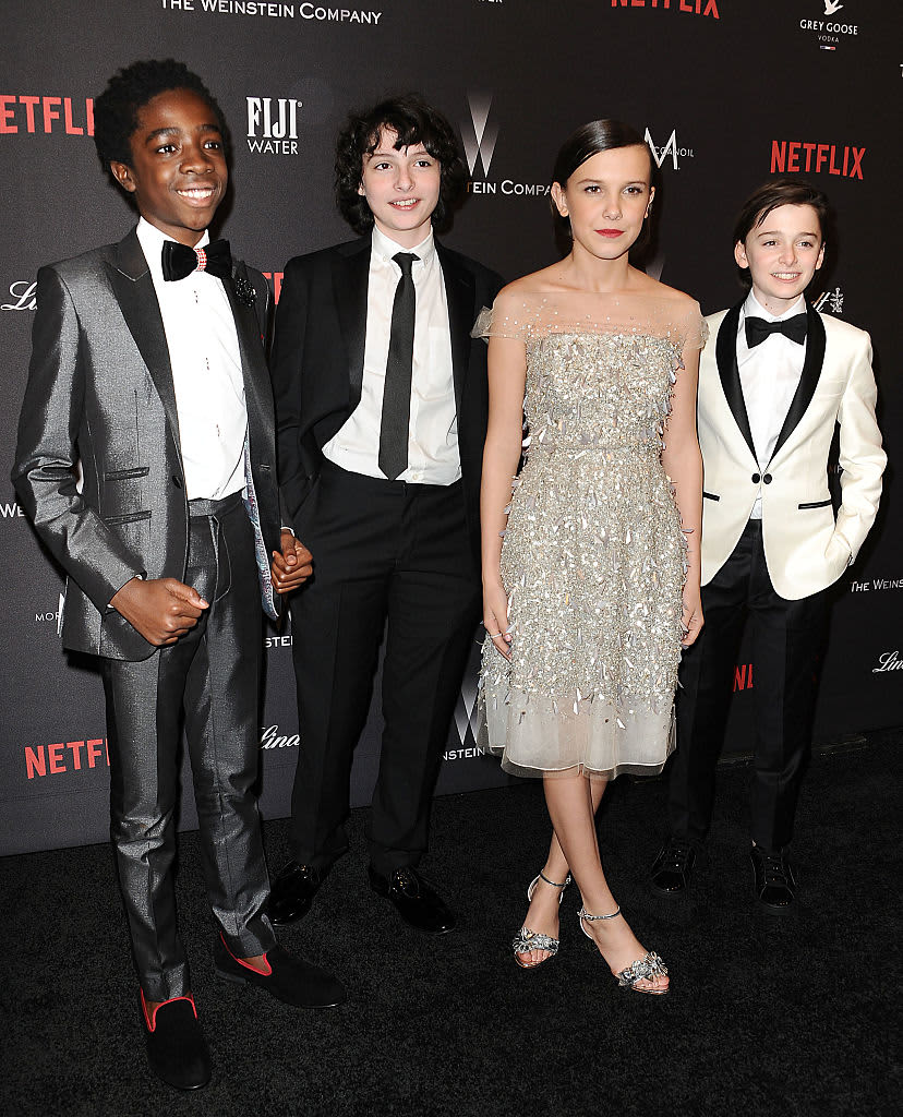 BEVERLY HILLS, CA - JUNE 06:  (L-R) Caleb McLaughlin, Millie Bobby Brown and Gaten Matarazzo attend the "Stranger Things" FYC event at Netflix FYSee Space on June 6, 2017 in Beverly Hills, California.  (Photo by Jason LaVeris/WireImage)