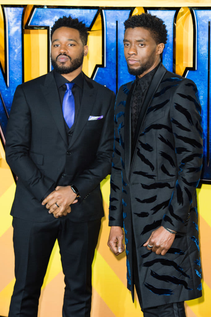 LONDON, ENGLAND - FEBRUARY 08:  Chadwick Boseman and Ryan Coogler attend the European Premiere of 'Black Panther' at Eventim Apollo on February 8, 2018 in London, England.  (Photo by Mike Marsland/Mike Marsland/WireImage)