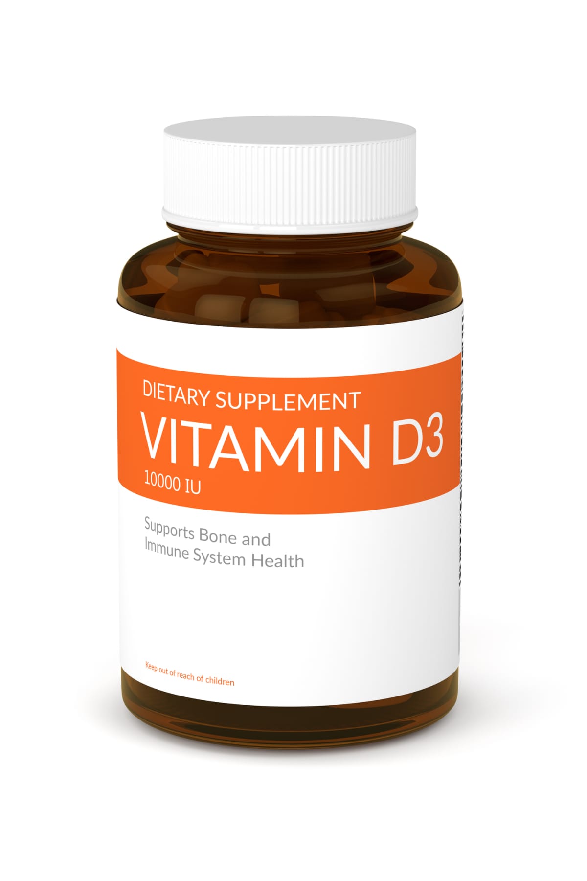 3d render of vitamin d3 pills in bottle over white background