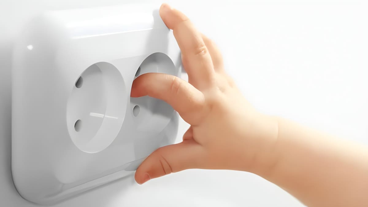 A baby’s hand touching an electrical outlet