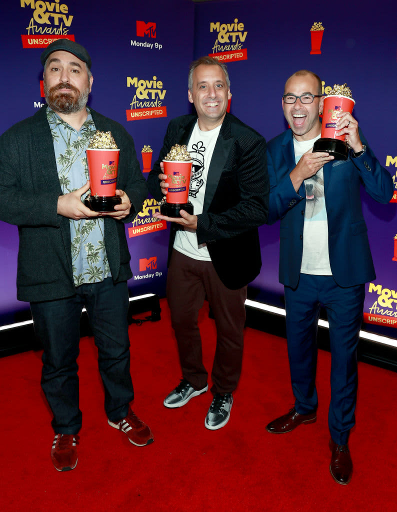 LOS ANGELES, CALIFORNIA - MAY 17: In this image released on May 17, (L-R) Brian Quinn, Joe Gatto, and James Murray, winners of Best Comedy / Game Show for "Impractical Jokers", pose backstage during the 2021 MTV Movie & TV Awards: UNSCRIPTED in Los Angeles, California. (Photo by Matt Winkelmeyer/2021 MTV Movie and TV Awards/Getty Images for MTV/ViacomCBS)