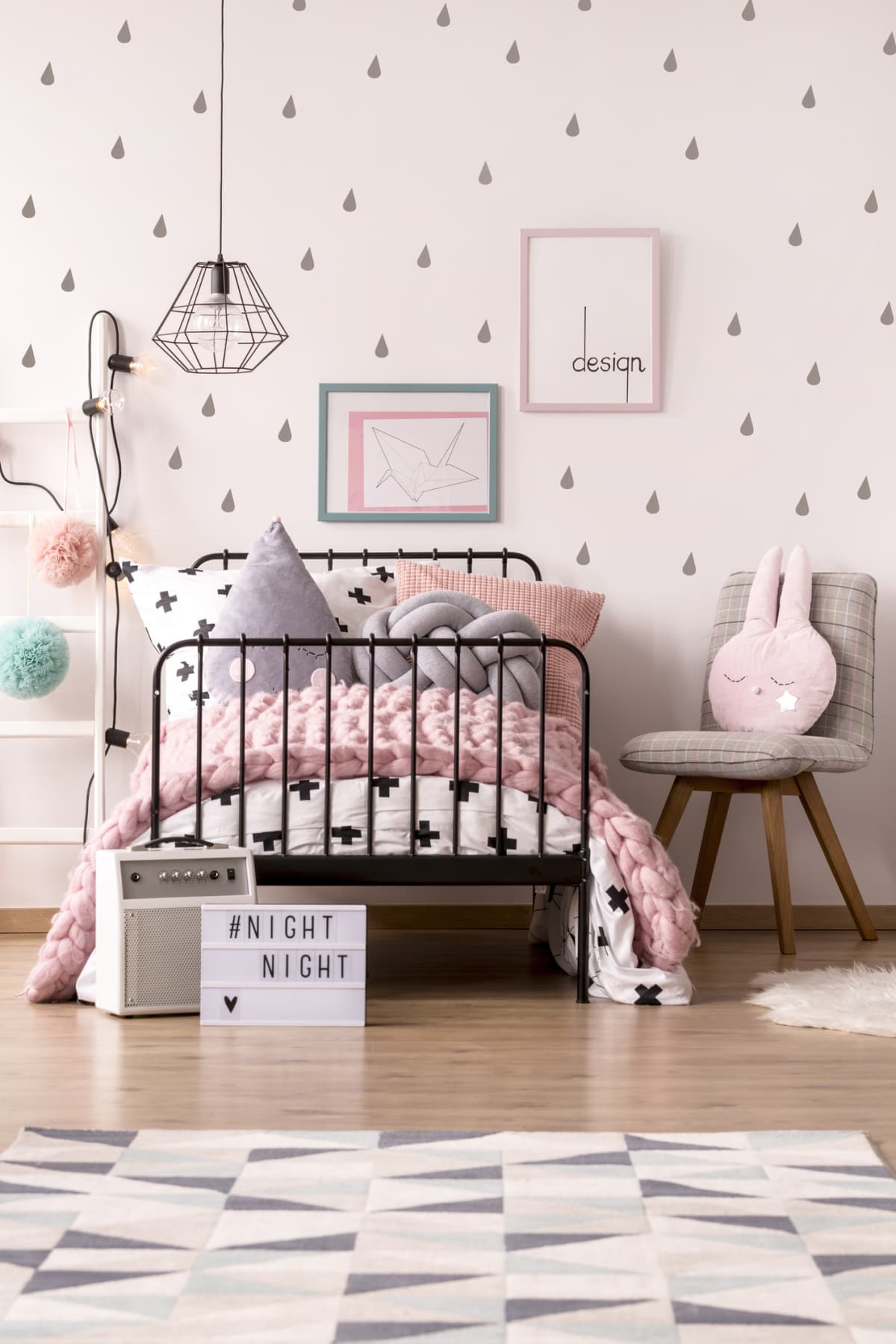 A pink bedroom with gray accents