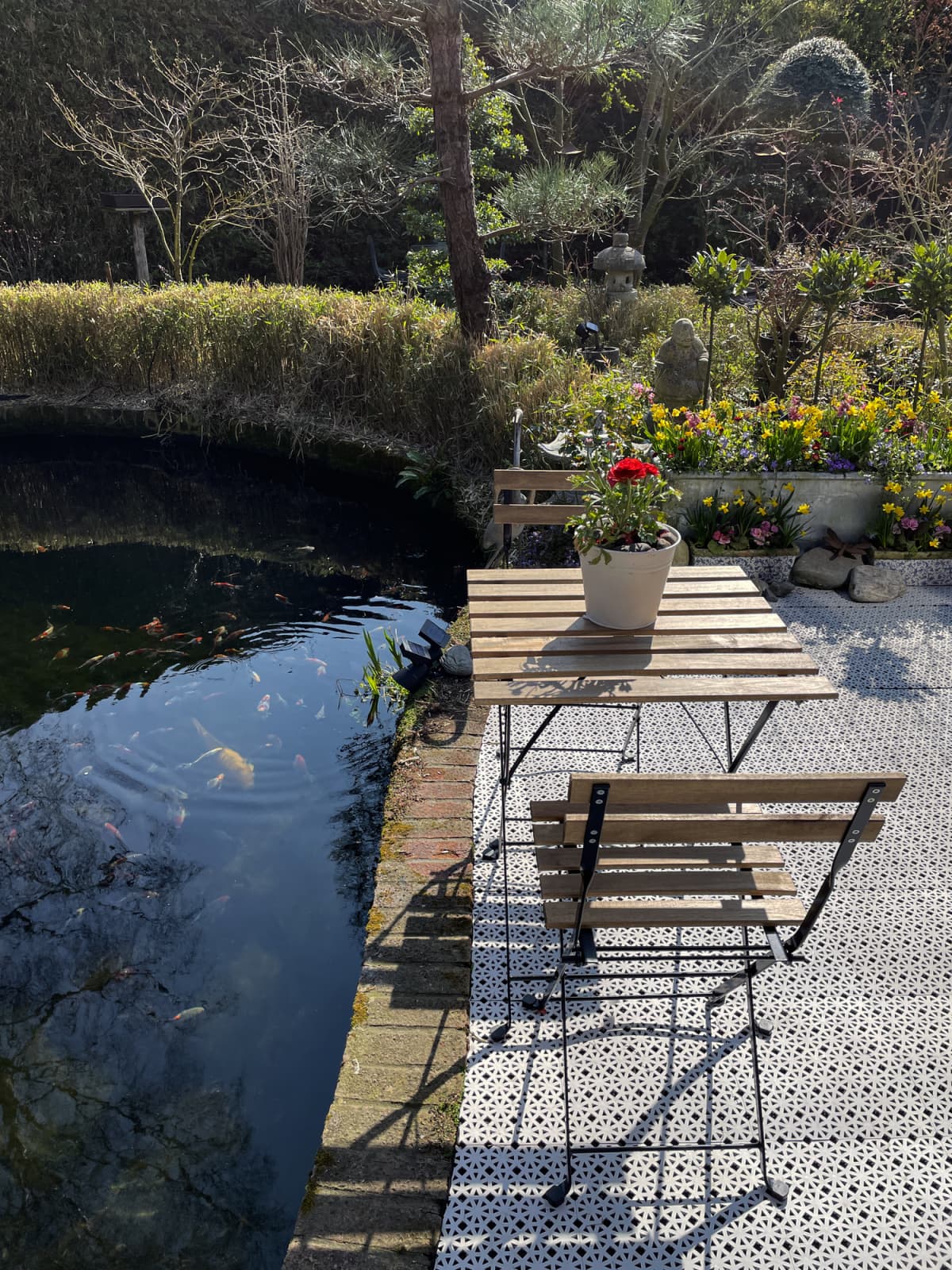 Fish pond next to seating area