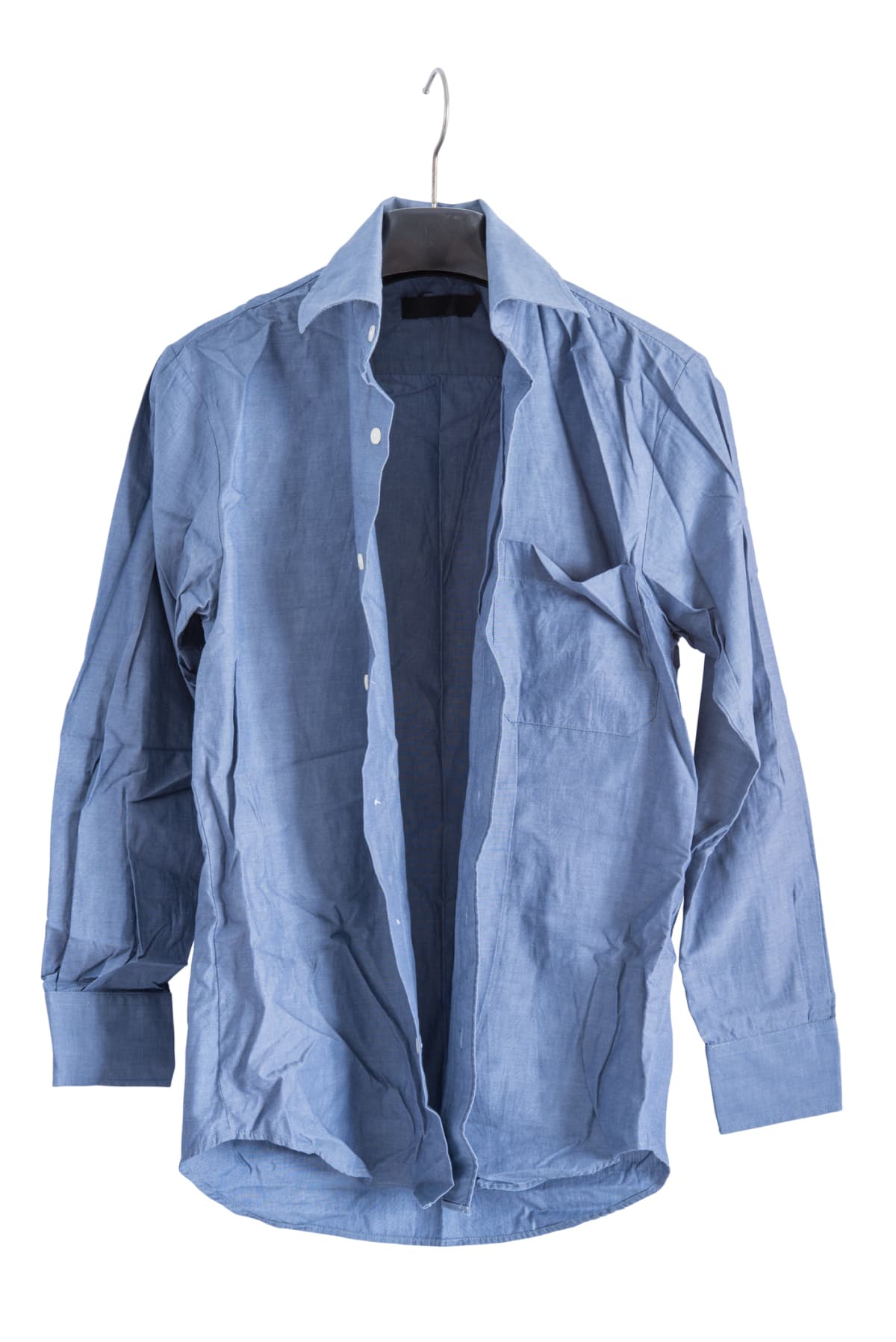 Creased blue shirt hanging on a hook