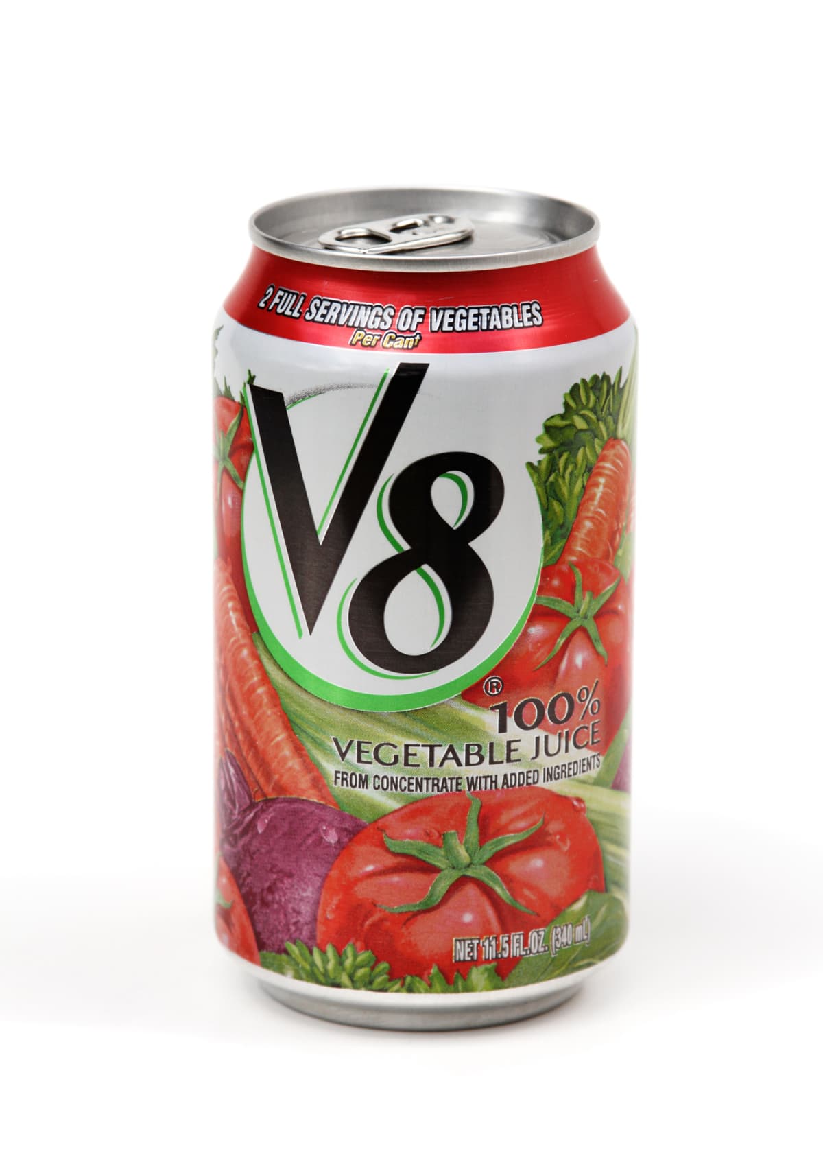 A can of V8 100% Vegetable Juice.
