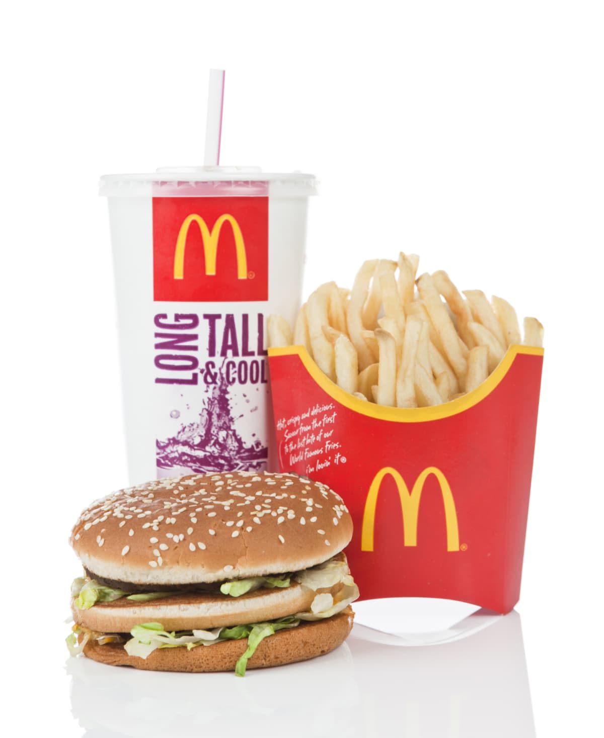 A burger, fries, and drink from McDonald's on a white background.