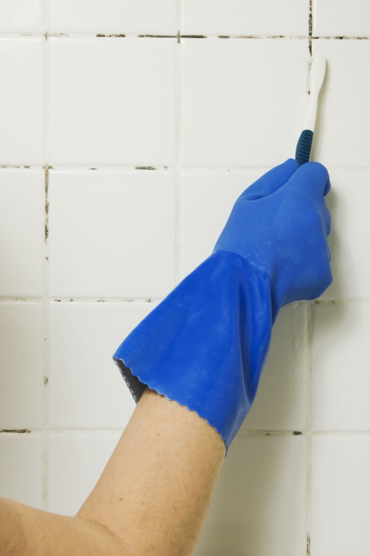 "Cleaning the moldy shower - textured rubber glove, toothbrush,  spray on cleaner and elbow grease."