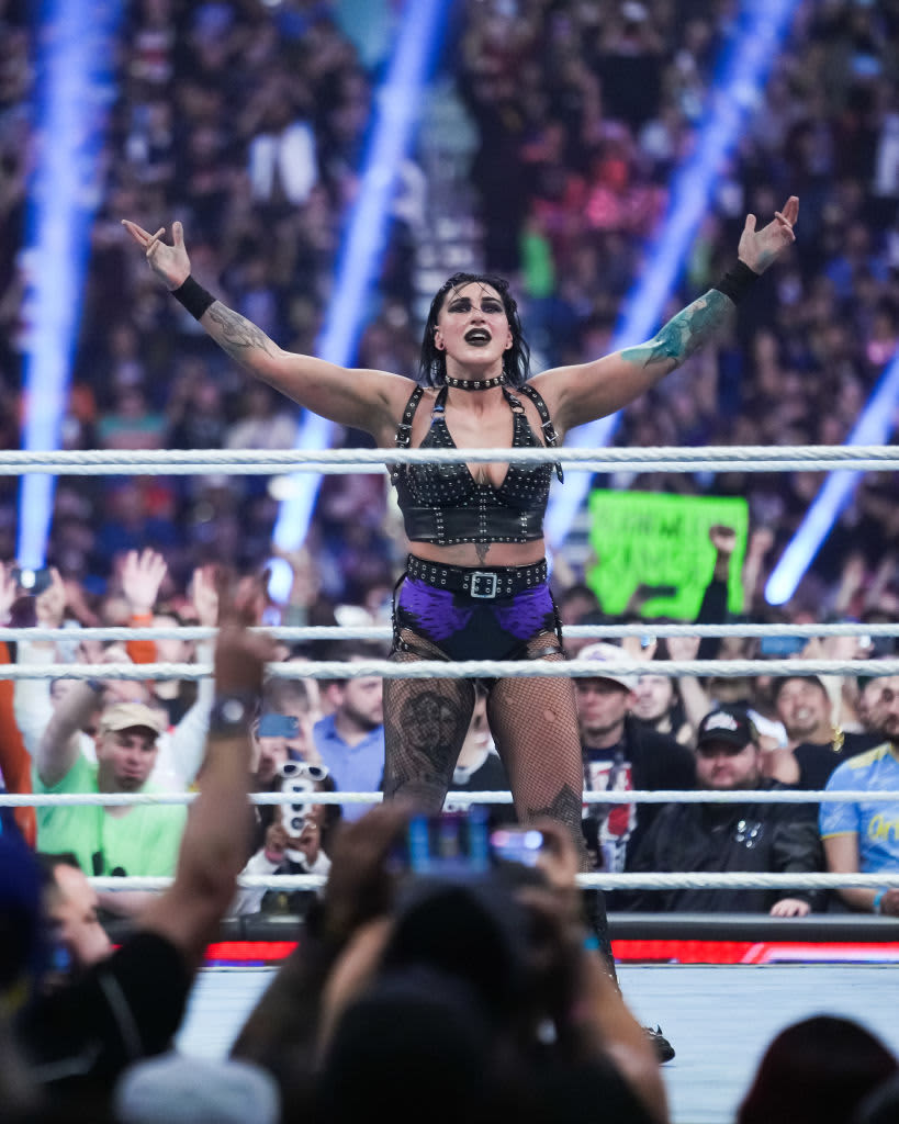 SAN ANTONIO, TEXAS - JANUARY 28: Rhea Ripley reacts after winning the WWE Royal Rumble at the Alamodome on January 28, 2023 in San Antonio, Texas. (Photo by Alex Bierens de Haan/Getty Images)