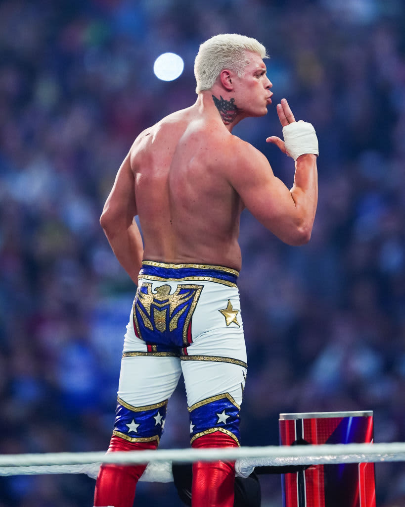 SAN ANTONIO, TEXAS - JANUARY 28: Cody Rhodes reacts after winning the WWE Royal Rumble at Alamodome on January 28, 2023 in San Antonio, Texas. (Photo by Alex Bierens de Haan/Getty Images)