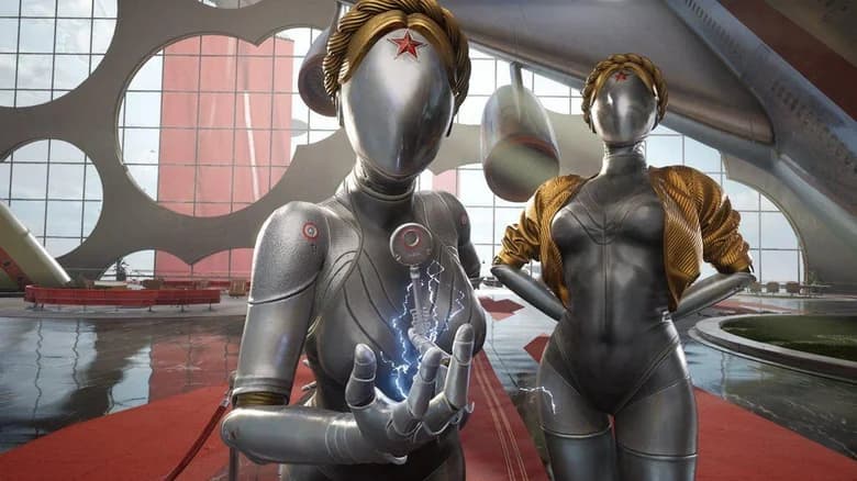 Scene from Atomic Heart featuring a faceless woman robot with a Soviet star on her forehead