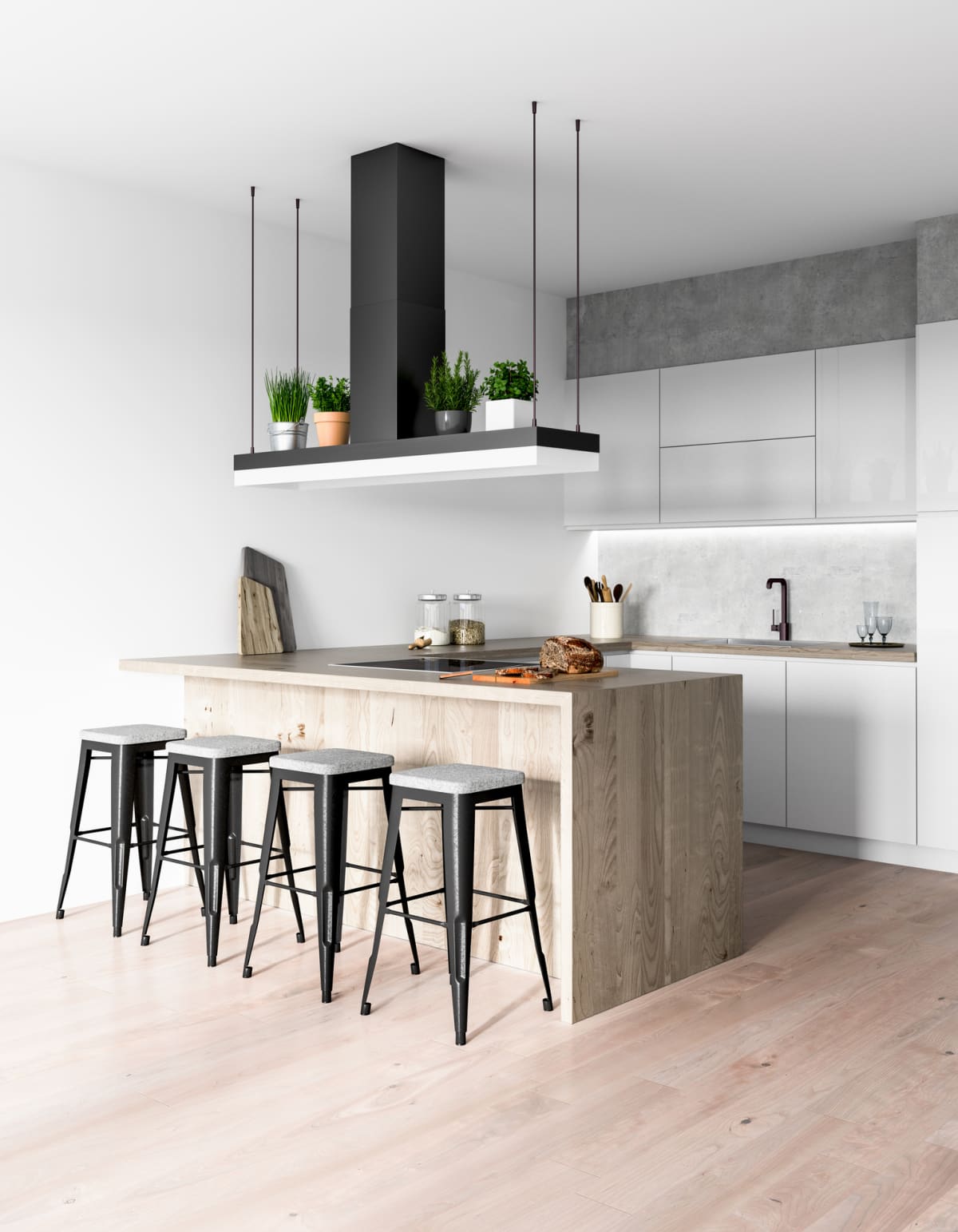 Contemporary kitchen featuring four backless stools