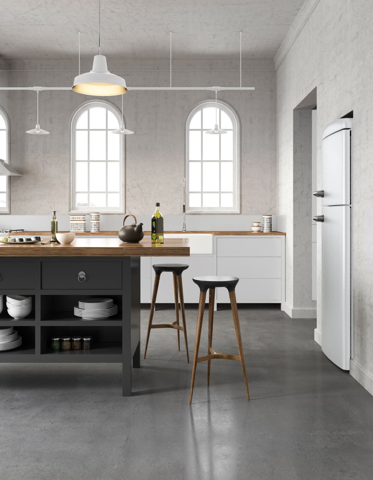 Modern basement kitchen featuring concrete flooring