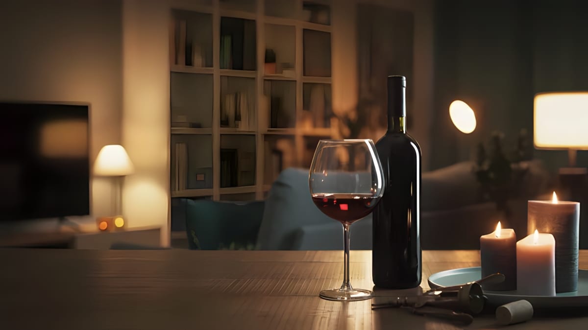 A bottle of red wine alongside a filled glass, artfully displayed on a wooden table
