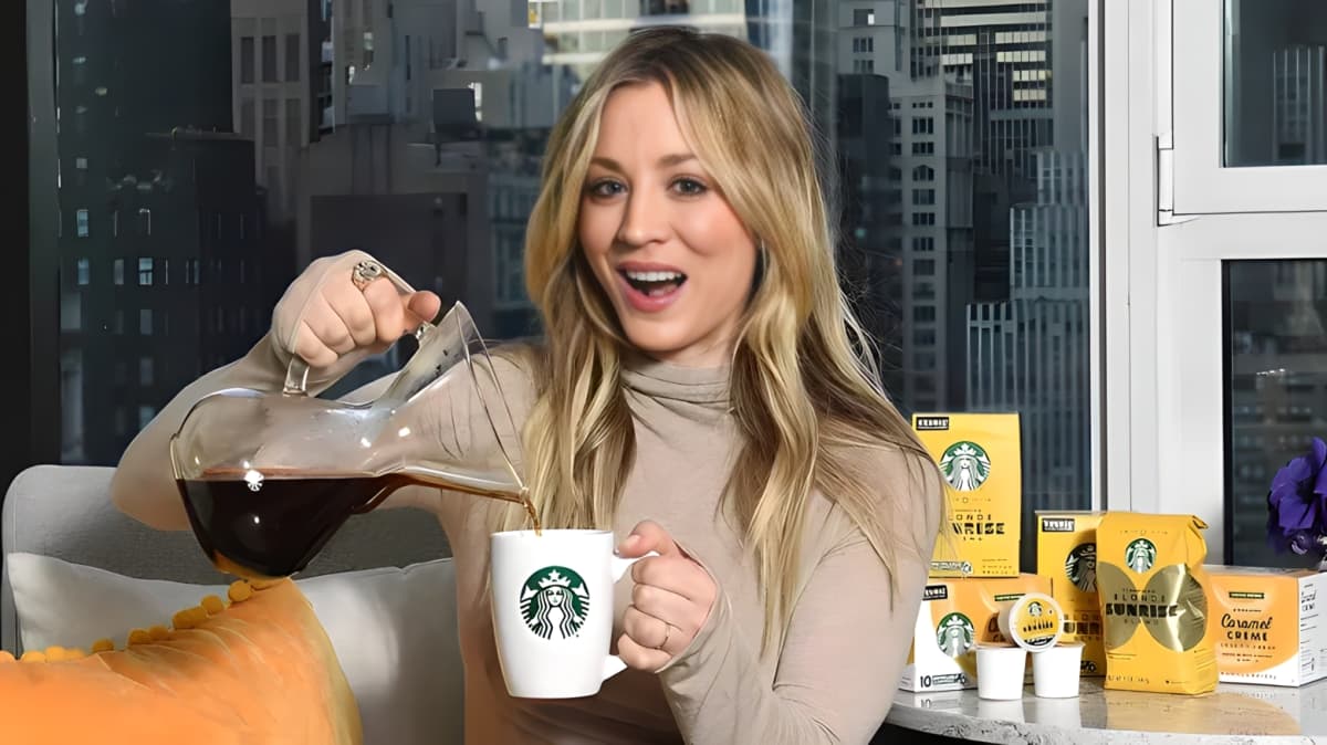 Kaley Cuoco pouring coffee