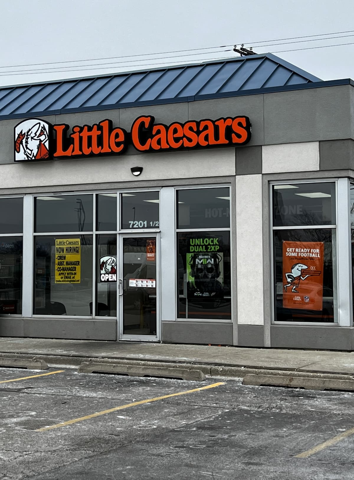 Exterior of Little Caesars pizza restaurant location in Morton Grove, Illinois.