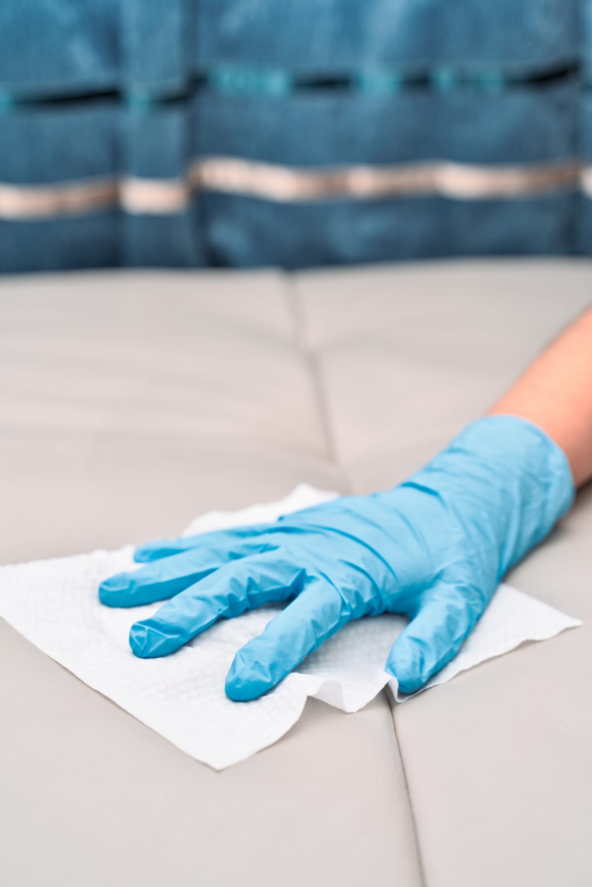 Hands with Blue Protective Glove Wiping Leather Sofa with Wipes
