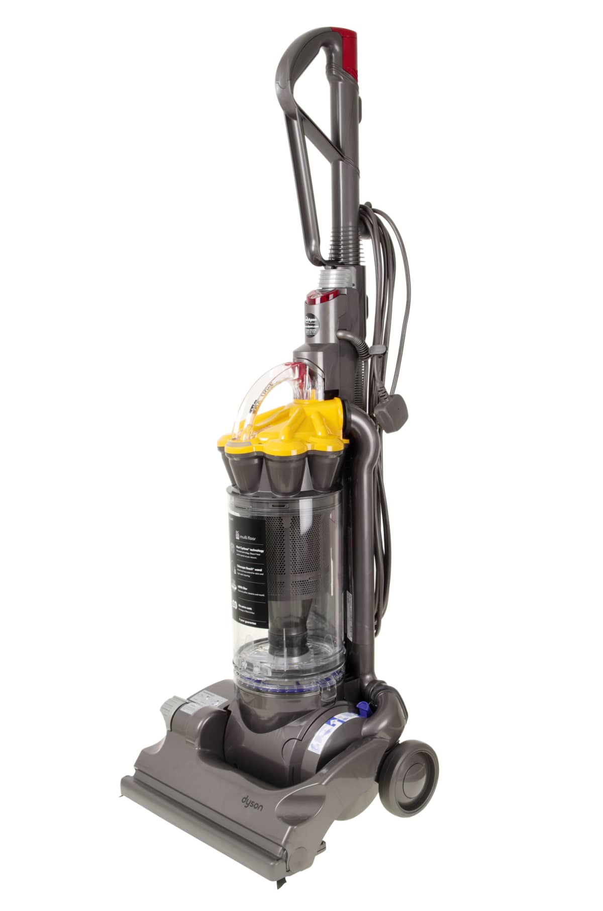 "Helston, Cornwall, UK - August 17, 2012: A Dyson DC33 bagless upright vacuum cleaner. This is the Multi Floor version denoted by the yellow top. This is a product of Dyson Ltd. An innovative British company."