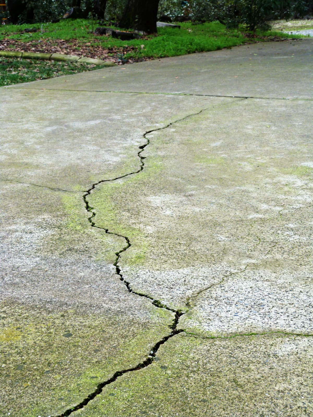 A large crack running down the driveway of a residential home.  