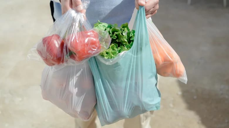 A woman carrying plastic shopping bags