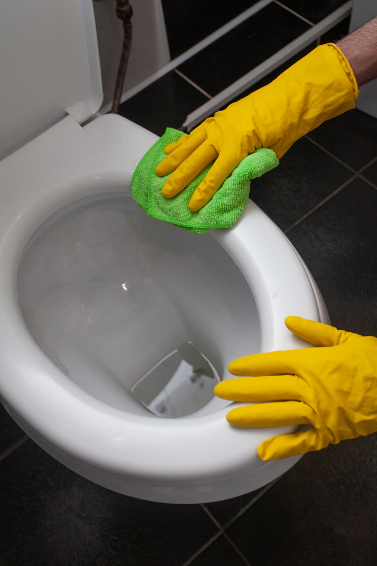 Hands of man in yellow gloves cleaning a toilet bowl.