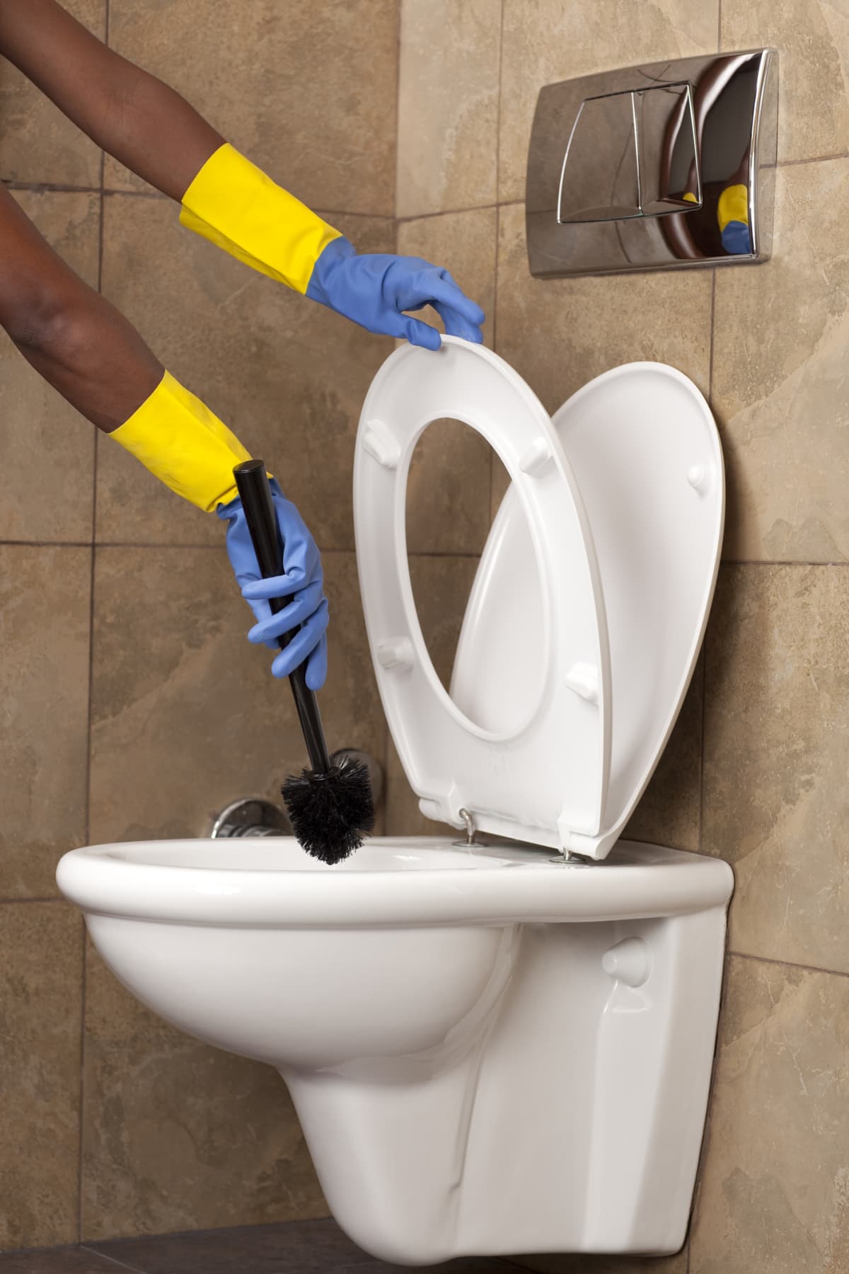 Woman cleaning the toilet.