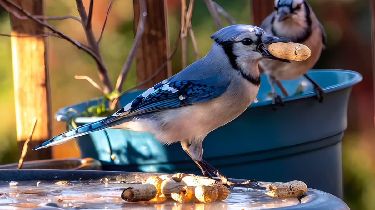 Blue jay perched on bird feeder enjoying a peanut