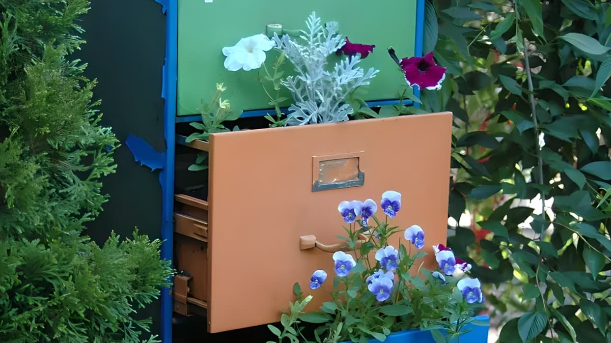 Outdoor DIY planter made from a file cabinet
