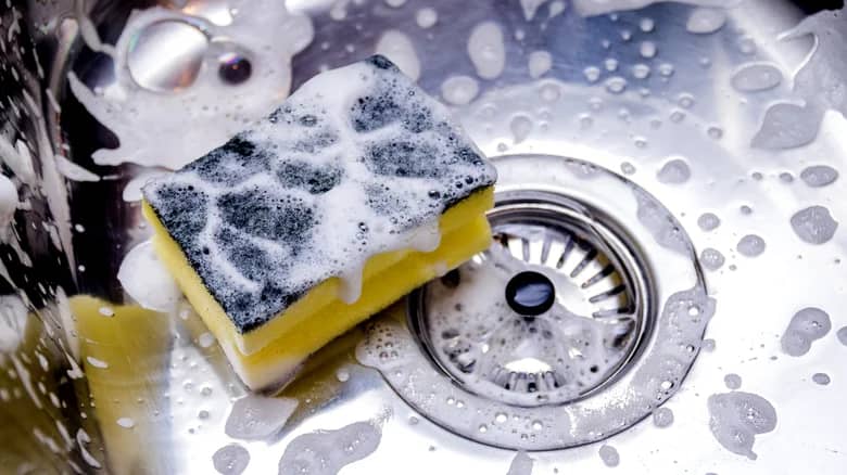 A sudsy sponge at the bottom of a wet sink