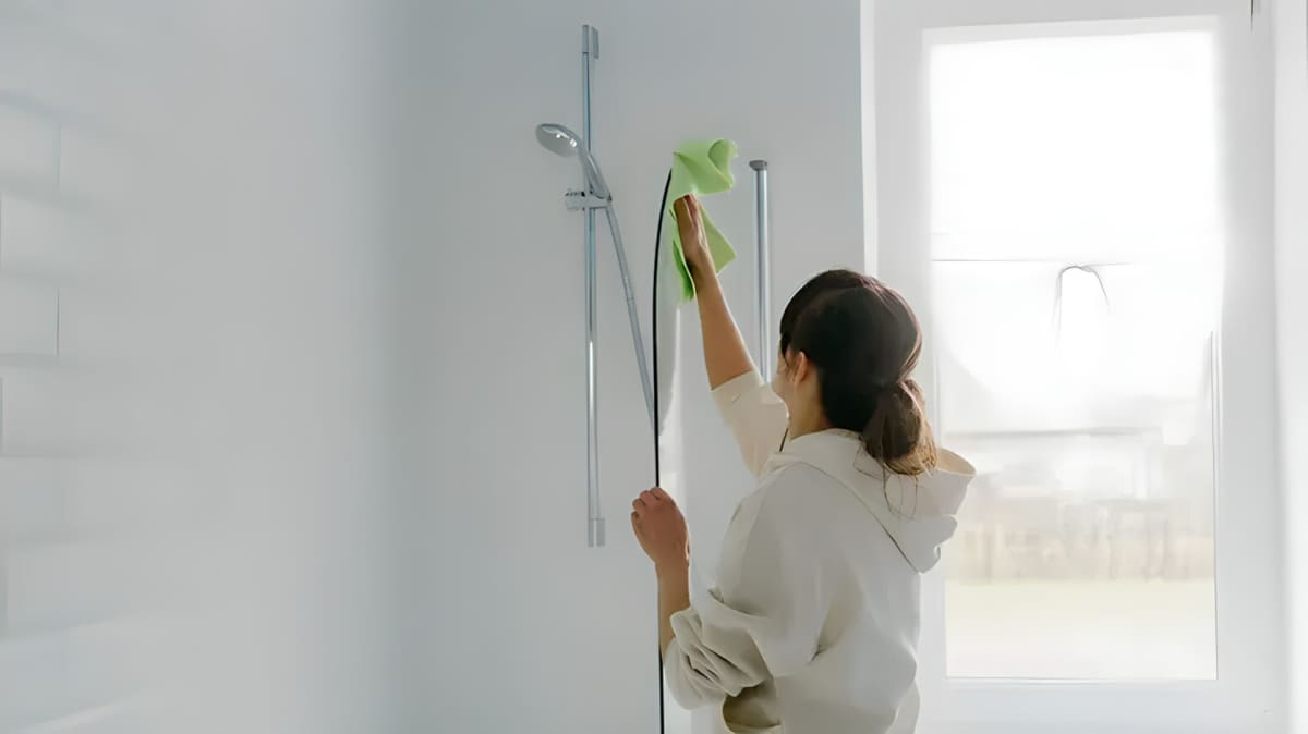 A woman wiping a shower door