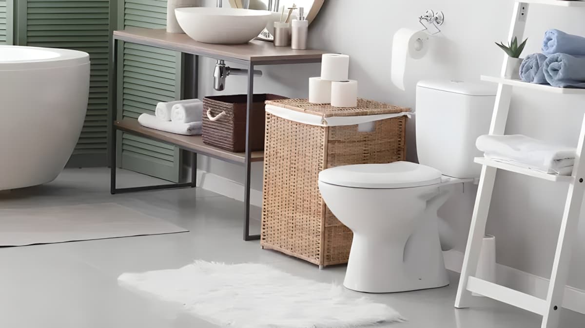A bathroom with a toilet, hamper, ladder, bathtub, and toilet paper