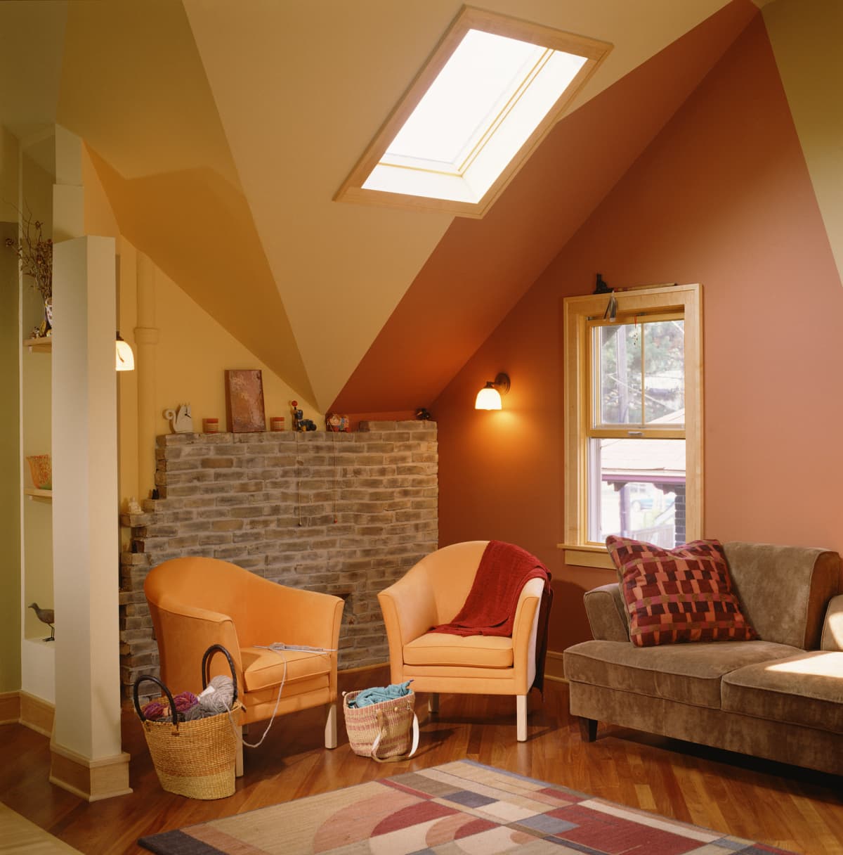 Bold colors emphasizing finished attic ceiling