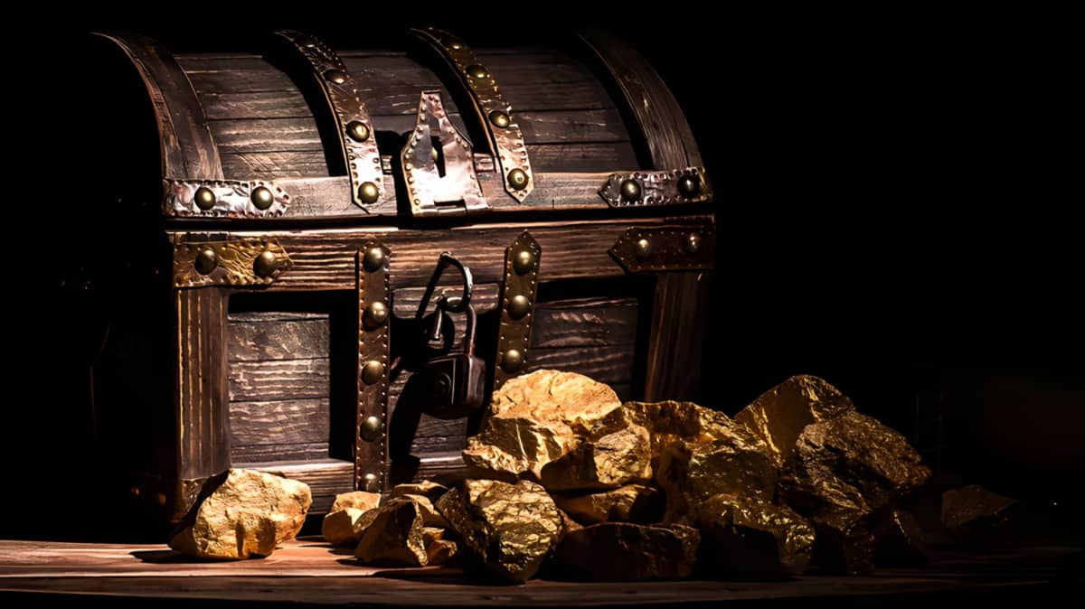 Large wooden treasure chest with gold